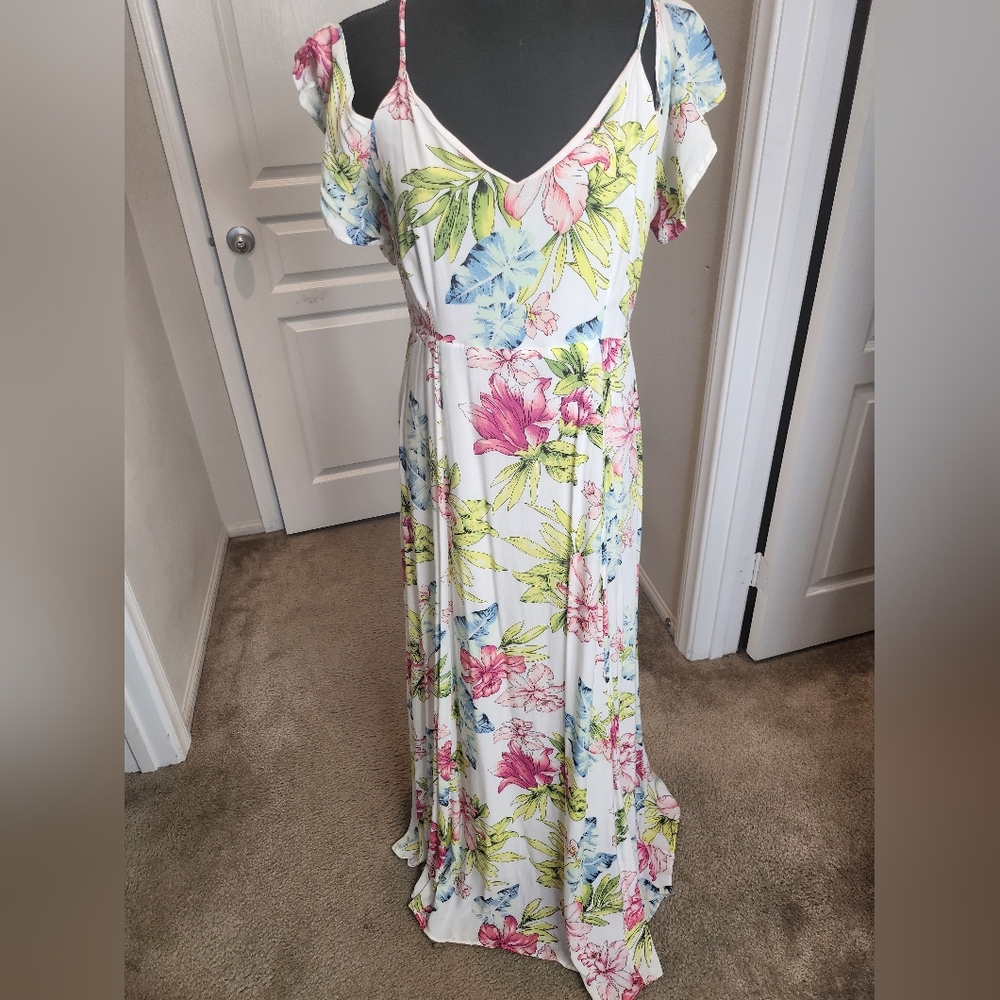 Long White maxi summer Dress Floral Tropical Medium - Large